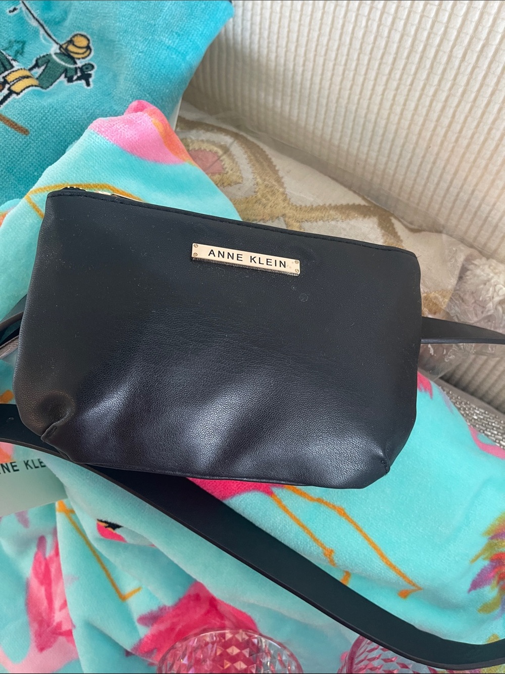 Anne Klein Black Crossbody with Gold Logo Plaque - Picture 1 of 6